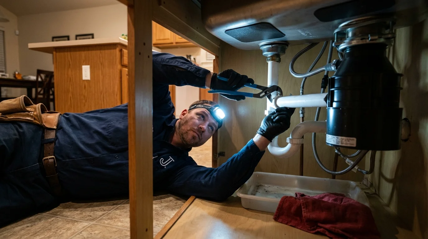 P-trap and supply line connections under a kitchen sink showing a common leak point in Magnolia, TX
